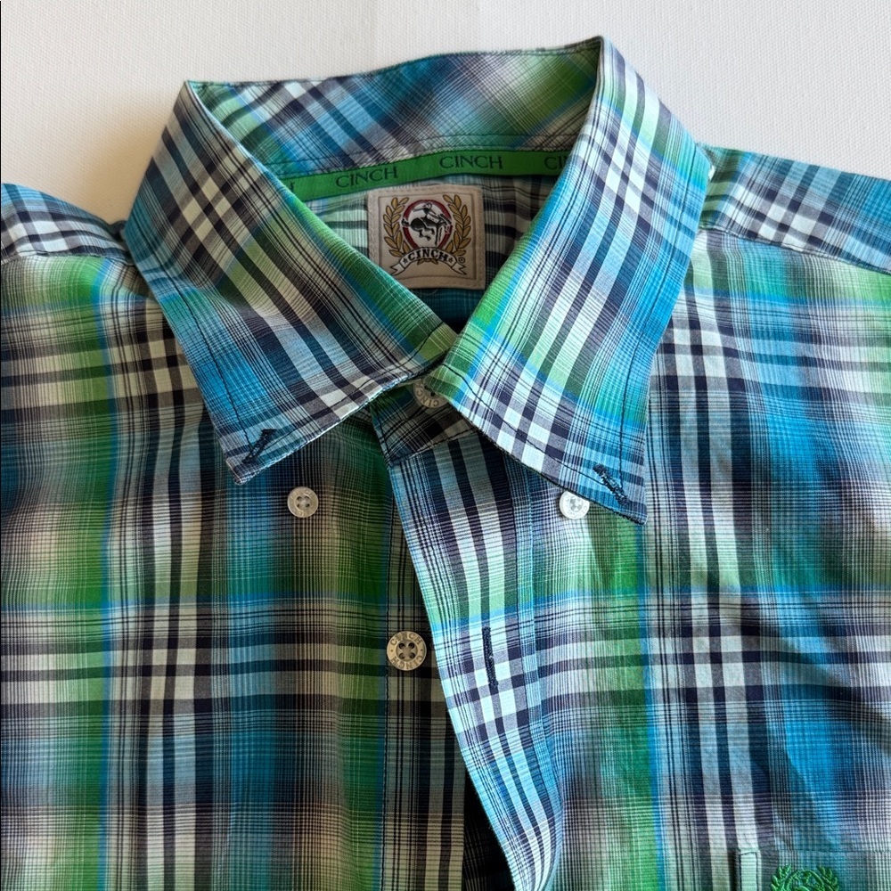 Cinch Blue Green Plaid Short Sleeve Button Down Shirt L Western - Picture 9 of 11